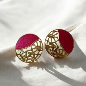 Vintage BEREBI Signed Large Ornate Gold Tone Earrings pink enamel..